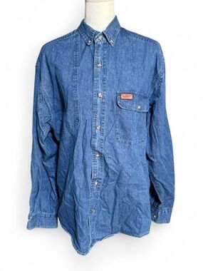 Woolrich Denim Button Down Shirt Mens M Blue Outdoor Guide Cotton Work